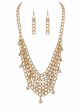 Gold Multi-Row Chain Necklace and Earring Set with Crystal Accents